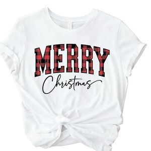 Boutique Merry Christmas White Plaid Graphic Stretch Soft Holiday Tee Shirt L